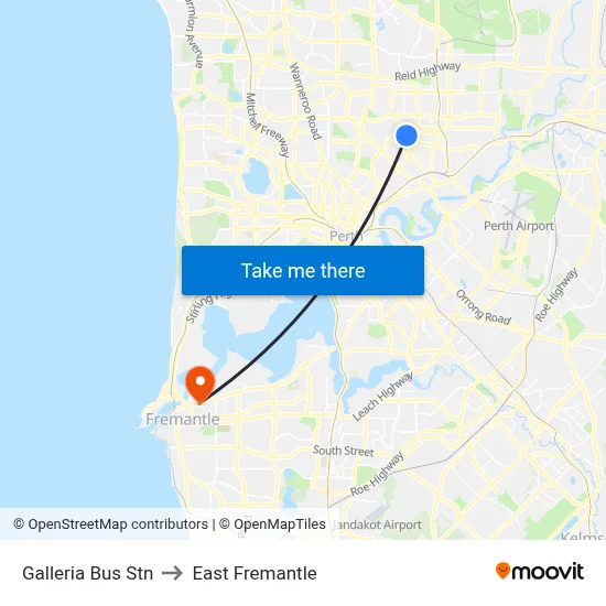 Galleria Bus Stn to East Fremantle map