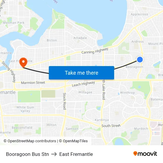 Booragoon Bus Stn to East Fremantle map