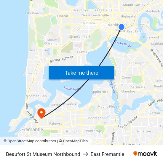 Beaufort St Museum Northbound to East Fremantle map