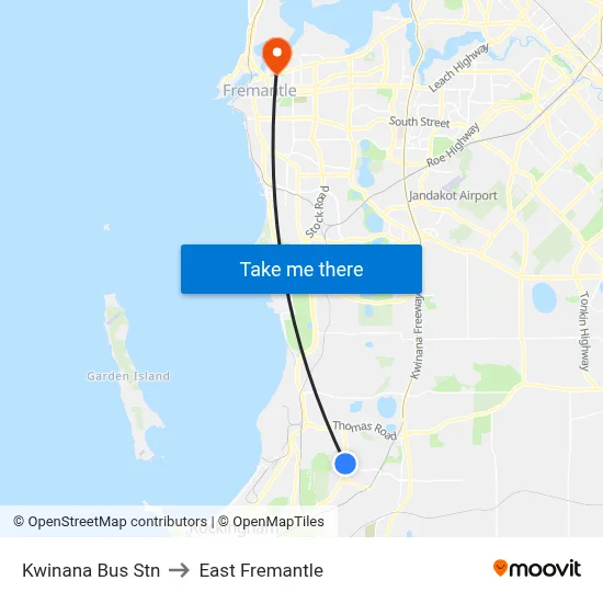 Kwinana Bus Stn to East Fremantle map