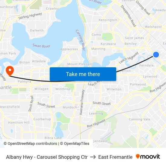Albany Hwy - Carousel Shopping Ctr to East Fremantle map