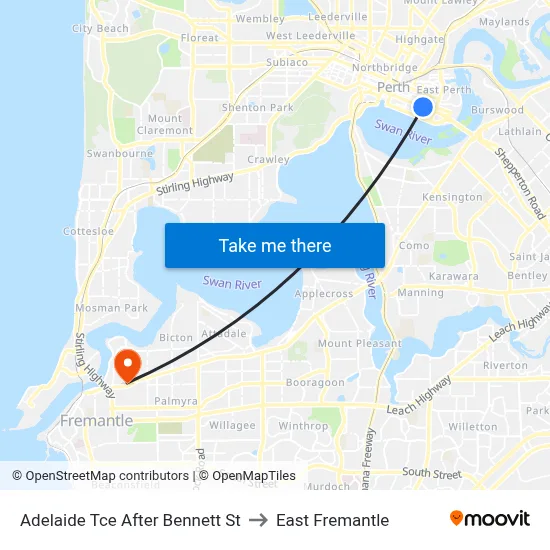 Adelaide Tce After Bennett St to East Fremantle map