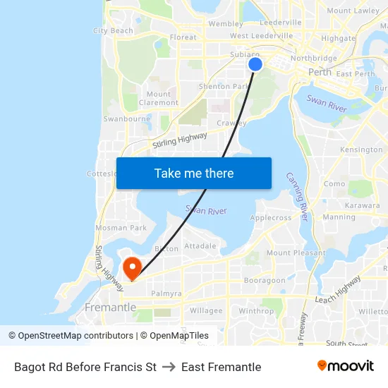 Bagot Rd Before Francis St to East Fremantle map