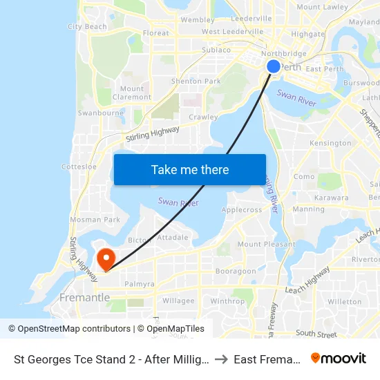 St Georges Tce Stand 2 - After Milligan St to East Fremantle map