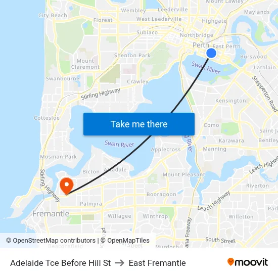 Adelaide Tce Before Hill St to East Fremantle map
