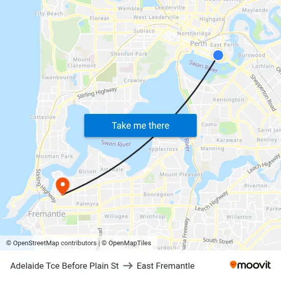 Adelaide Tce Before Plain St to East Fremantle map