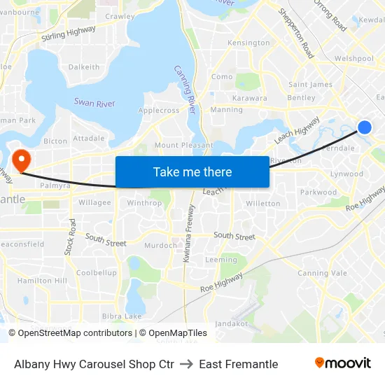 Albany Hwy Carousel Shop Ctr to East Fremantle map