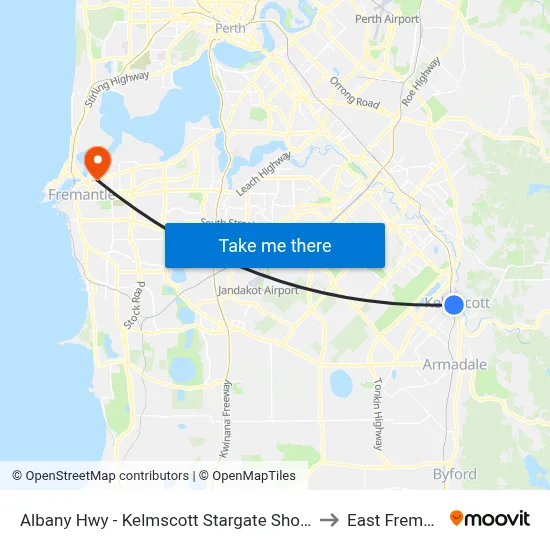 Albany Hwy - Kelmscott Stargate Shopping Ctr to East Fremantle map