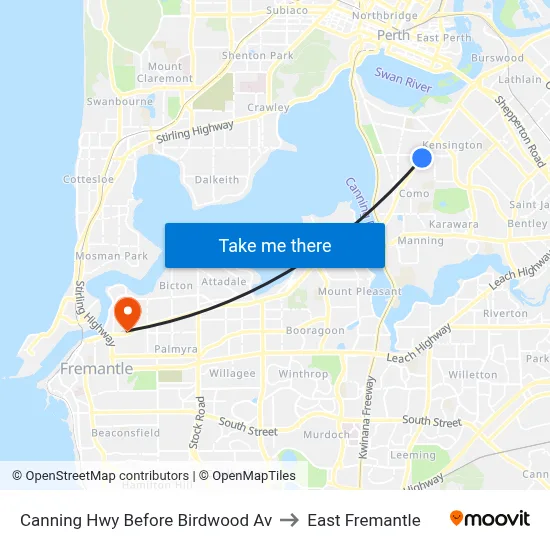 Canning Hwy Before Birdwood Av to East Fremantle map