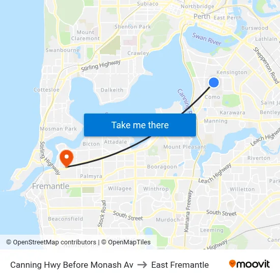 Canning Hwy Before Monash Av to East Fremantle map