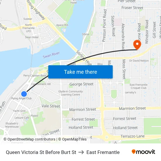 Queen Victoria St Before Burt St to East Fremantle map