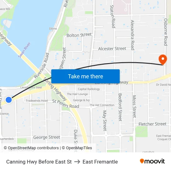 Canning Hwy Before East St to East Fremantle map