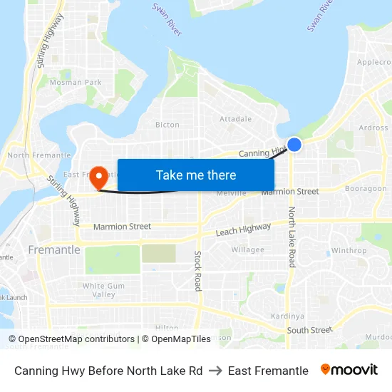 Canning Hwy Before North Lake Rd to East Fremantle map