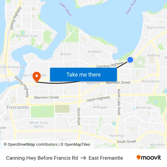 Canning Hwy Before Francis Rd to East Fremantle map