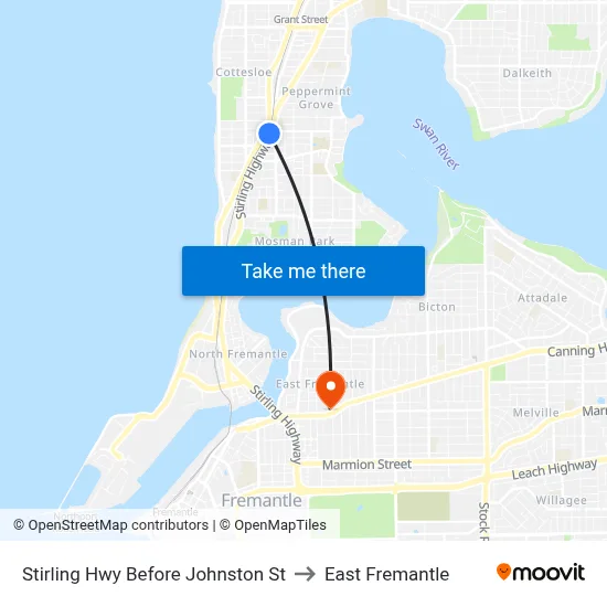 Stirling Hwy Before Johnston St to East Fremantle map