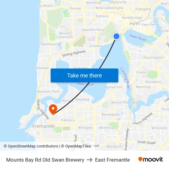 Mounts Bay Rd Old Swan Brewery to East Fremantle map