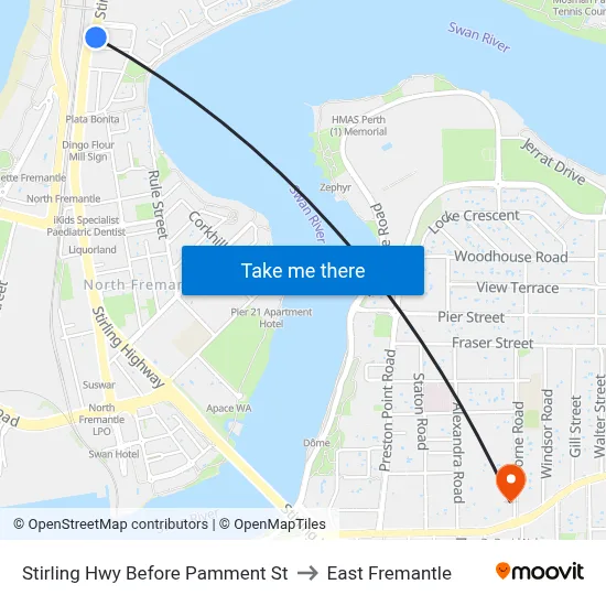 Stirling Hwy Before Pamment St to East Fremantle map