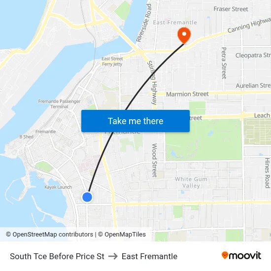 South Tce Before Price St to East Fremantle map