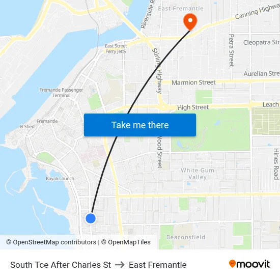 South Tce After Charles St to East Fremantle map