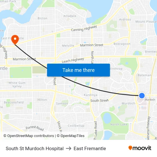 South St Murdoch Hospital to East Fremantle map