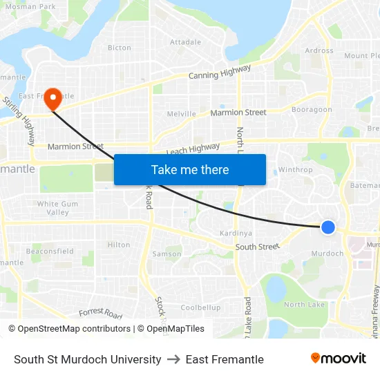 South St Murdoch University to East Fremantle map