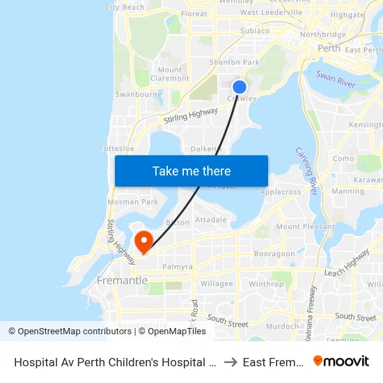 Hospital Av Perth Children's Hospital Cat Id 132 to East Fremantle map