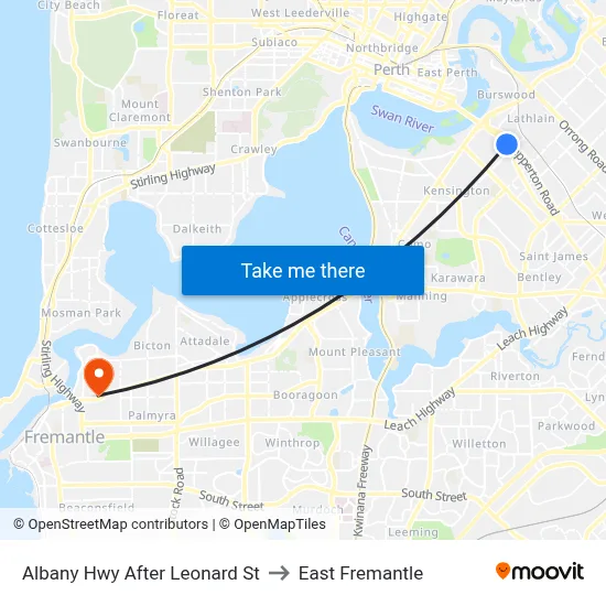 Albany Hwy After Leonard St to East Fremantle map