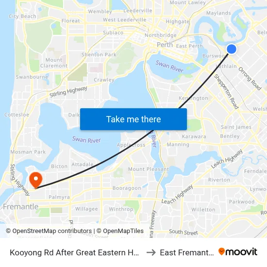 Kooyong Rd After Great Eastern Hwy to East Fremantle map