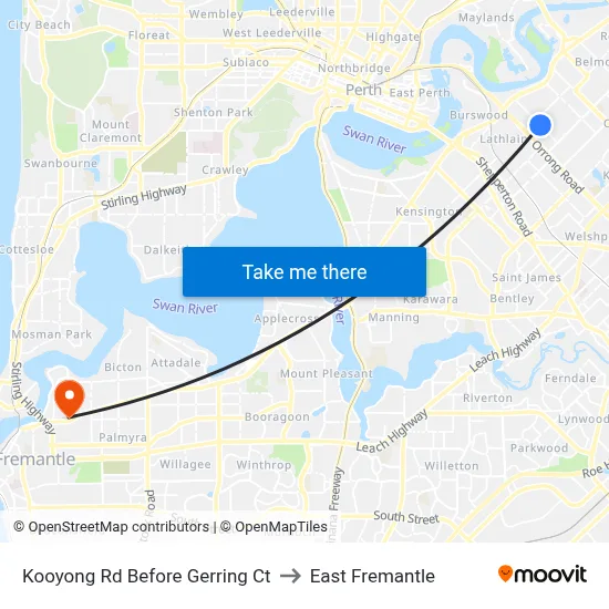 Kooyong Rd Before Gerring Ct to East Fremantle map