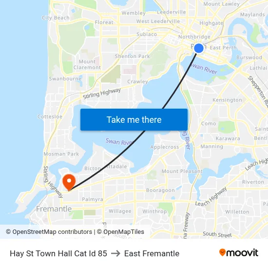 Hay St Town Hall Cat Id 85 to East Fremantle map