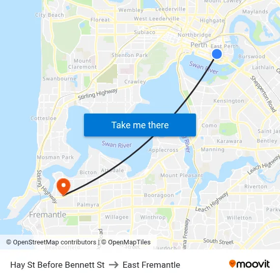 Hay St Before Bennett St to East Fremantle map