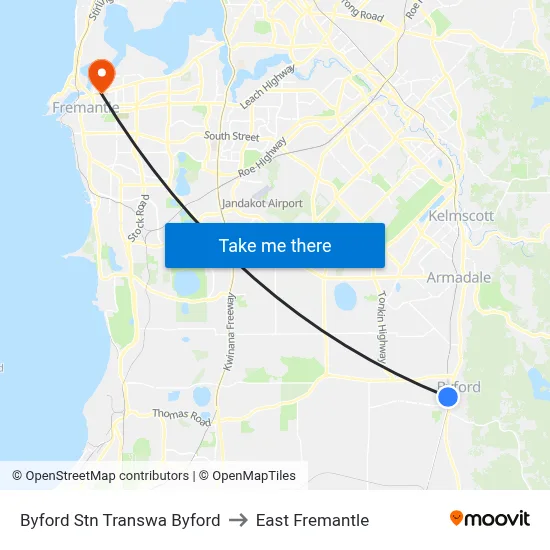 Byford Stn Transwa Byford to East Fremantle map