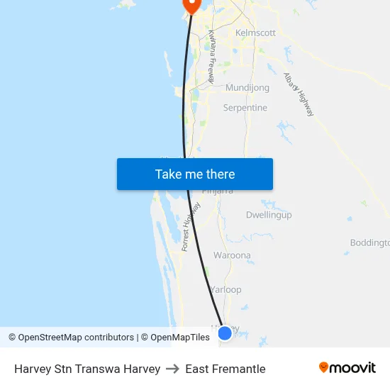 Harvey Stn Transwa Harvey to East Fremantle map