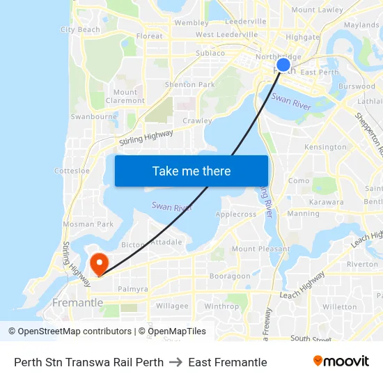 Perth Stn Transwa Rail Perth to East Fremantle map