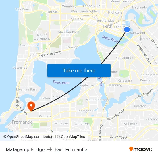 Matagarup Bridge to East Fremantle map