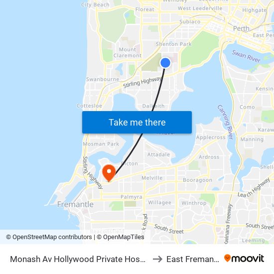 Monash Av Hollywood Private Hospital to East Fremantle map