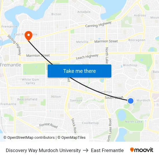 Discovery Way Murdoch University to East Fremantle map