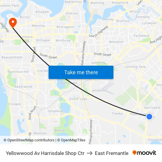 Yellowwood Av Harrisdale Shop Ctr to East Fremantle map