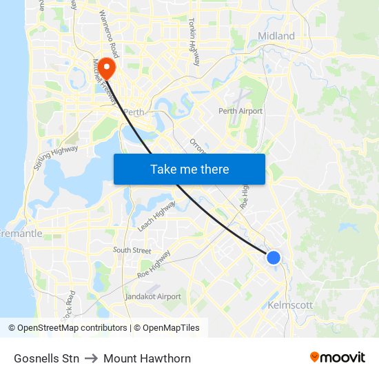 Gosnells Stn to Mount Hawthorn map