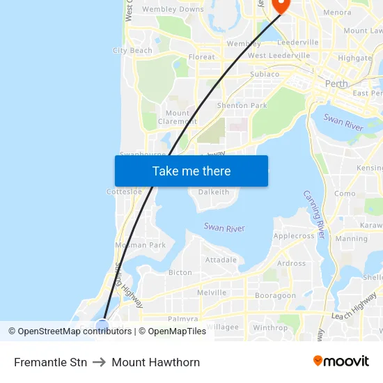 Fremantle Stn to Mount Hawthorn map