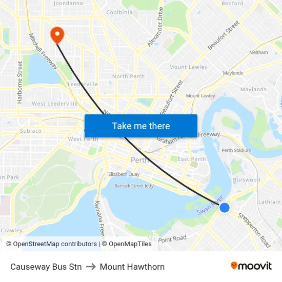 Causeway Bus Stn to Mount Hawthorn map