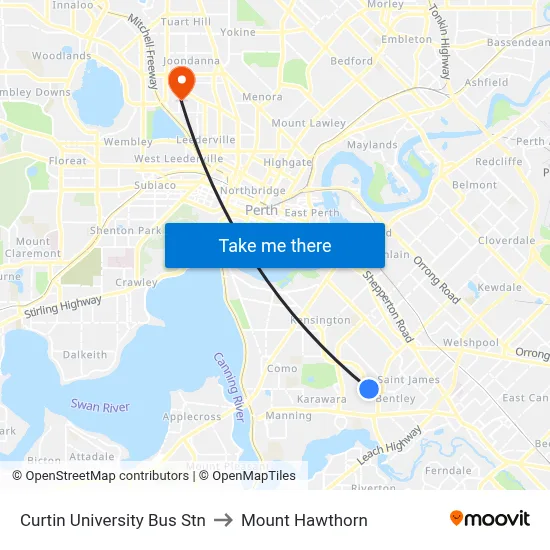 Curtin University Bus Stn to Mount Hawthorn map