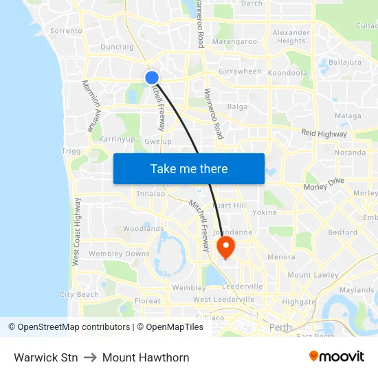 Warwick Stn to Mount Hawthorn map