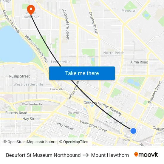 Beaufort St Museum Northbound to Mount Hawthorn map