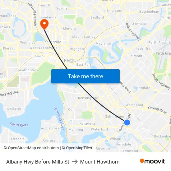 Albany Hwy Before Mills St to Mount Hawthorn map