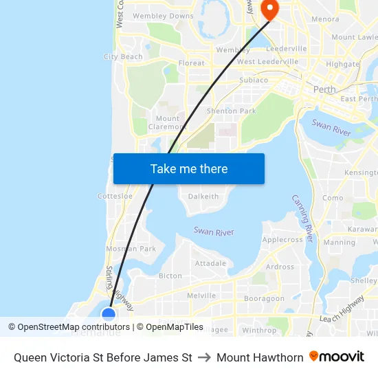 Queen Victoria St Before James St to Mount Hawthorn map