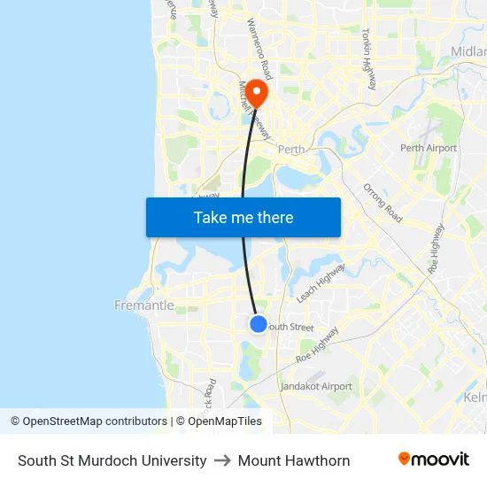 South St Murdoch University to Mount Hawthorn map