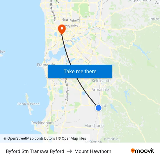Byford Stn Transwa Byford to Mount Hawthorn map
