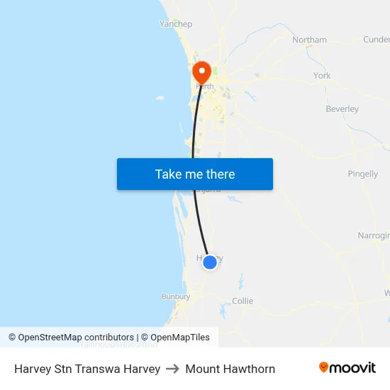 Harvey Stn Transwa Harvey to Mount Hawthorn map