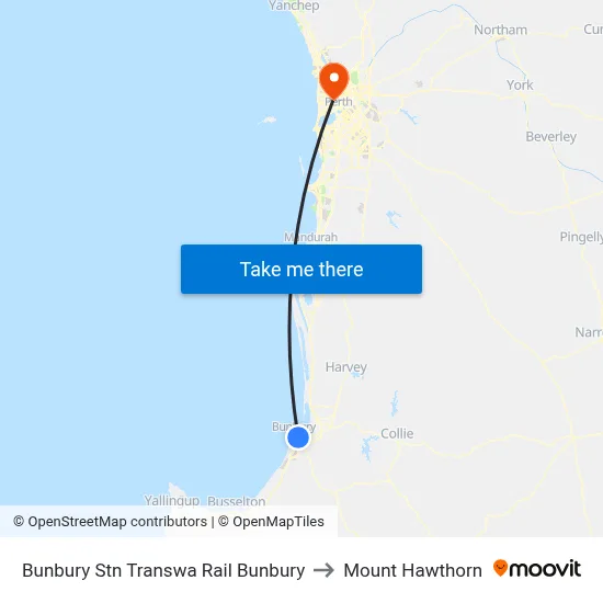 Bunbury Stn Transwa Rail Bunbury to Mount Hawthorn map
